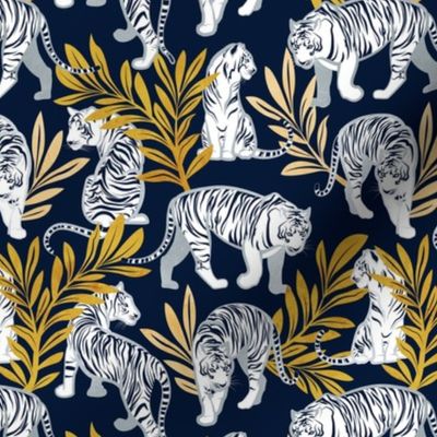 Small scale // Nouveau white tigers // navy blue background yellow leaves silver lines white animals