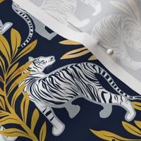 Small scale // Nouveau white tigers // navy blue background yellow leaves silver lines white animals