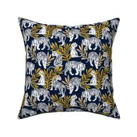 Small scale // Nouveau white tigers // navy blue background yellow leaves silver lines white animals