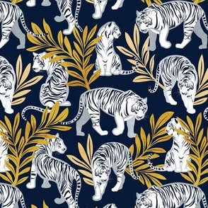 Small scale // Nouveau white tigers // navy blue background yellow leaves silver lines white animals