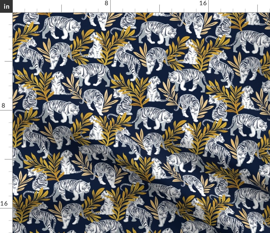 Small scale // Nouveau white tigers // navy blue background yellow leaves silver lines white animals