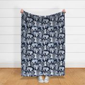 Normal scale // Nouveau white tigers // navy blue background metal silver leaves and lines white animals