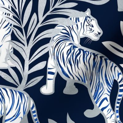Normal scale // Nouveau white tigers // navy blue background metal silver leaves and lines white animals