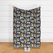 Normal scale // Nouveau white tigers // navy blue background metal gold leaves and lines white animals