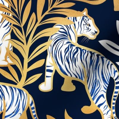 Normal scale // Nouveau white tigers // navy blue background metal gold leaves and lines white animals