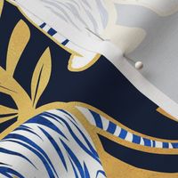 Normal scale // Nouveau white tigers // navy blue background metal gold leaves and lines white animals