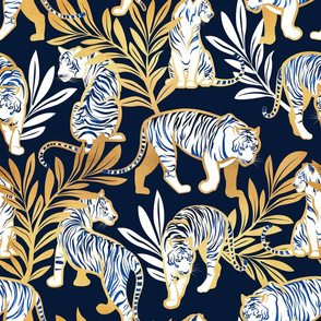 Normal scale // Nouveau white tigers // navy blue background metal gold leaves and lines white animals