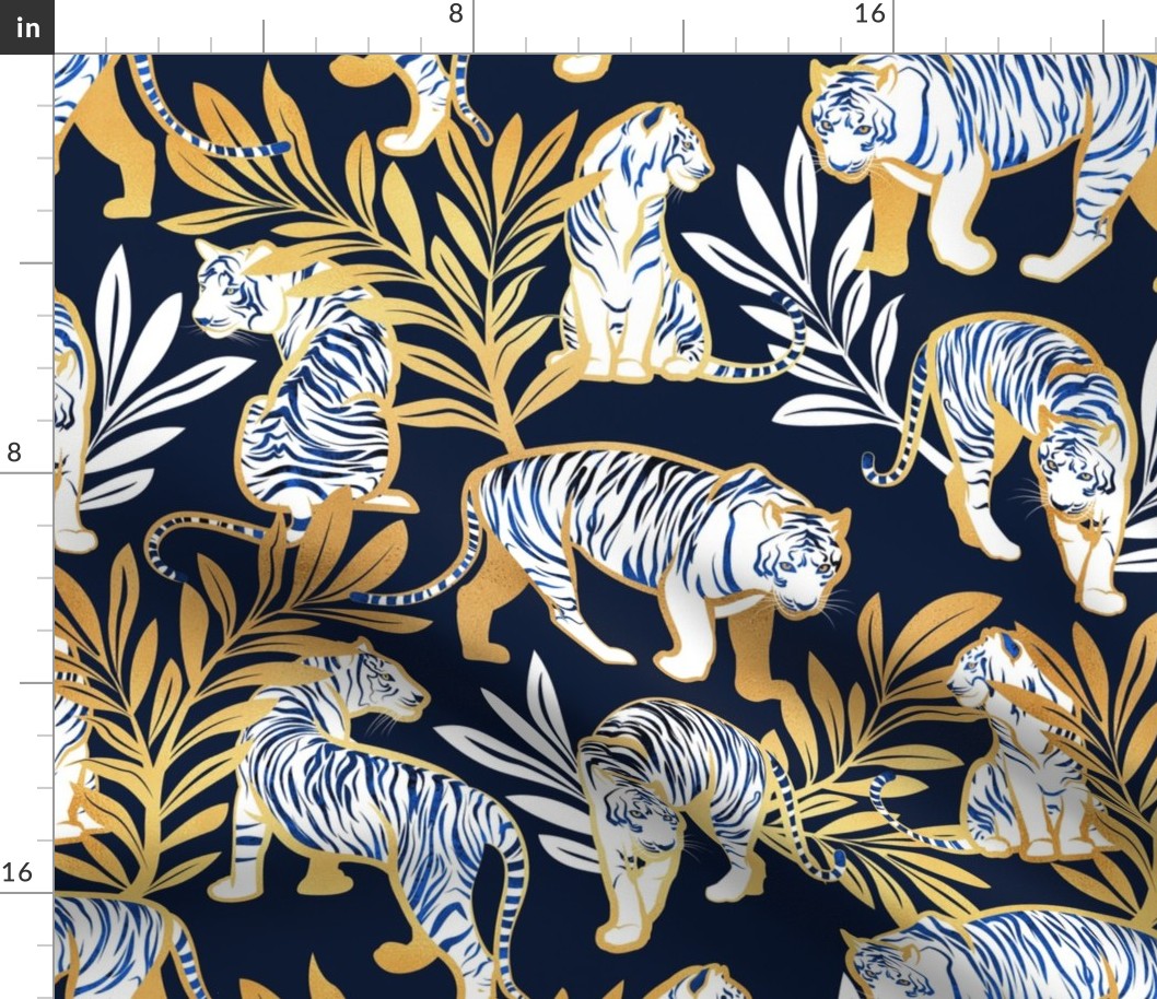 Normal scale // Nouveau white tigers // navy blue background metal gold leaves and lines white animals