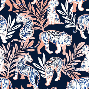 Normal scale // Nouveau white tigers // navy blue background metal rose leaves and lines white animals