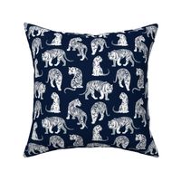 Small scale // Big tiger cats // navy blue background silver lines white animals