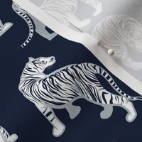 Small scale // Big tiger cats // navy blue background silver lines white animals