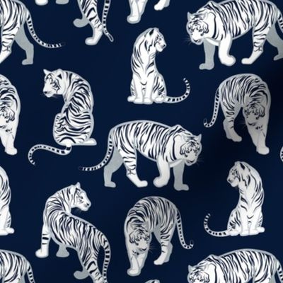 Small scale // Big tiger cats // navy blue background silver lines white animals