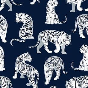 Small scale // Big tiger cats // navy blue background silver lines white animals