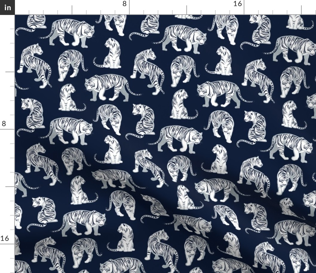 Small scale // Big tiger cats // navy blue background silver lines white animals