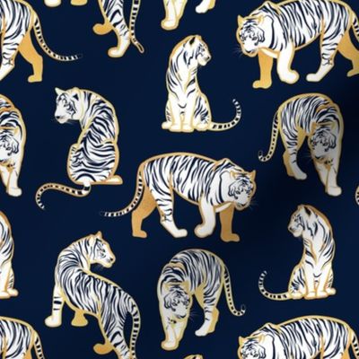 Small scale // Big tiger cats // navy blue background yellow gold lines white animals
