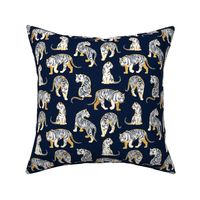 Small scale // Big tiger cats // navy blue background yellow gold lines white animals