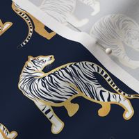 Small scale // Big tiger cats // navy blue background yellow gold lines white animals