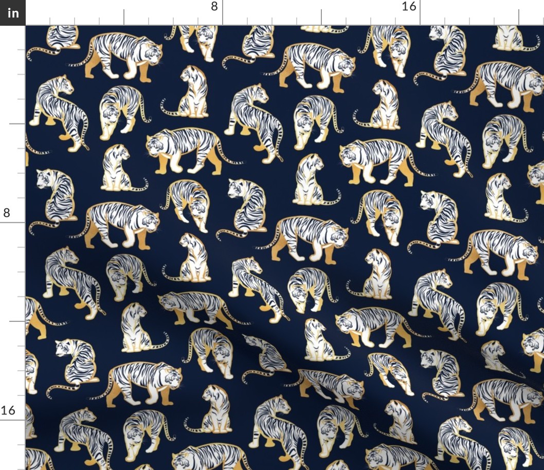 Small scale // Big tiger cats // navy blue background yellow gold lines white animals