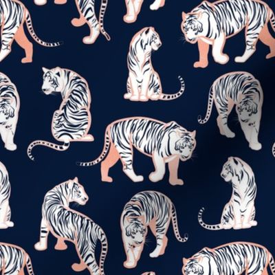 Small scale // Big tiger cats // navy blue background metal rose lines white animals