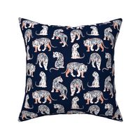 Small scale // Big tiger cats // navy blue background metal rose lines white animals