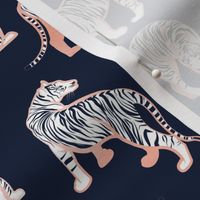 Small scale // Big tiger cats // navy blue background metal rose lines white animals