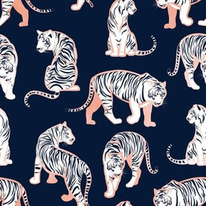 Small scale // Big tiger cats // navy blue background metal rose lines white animals