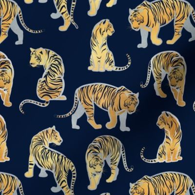 Small scale // Big tiger cats // navy blue background silver lines yellow gold animals