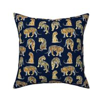 Small scale // Big tiger cats // navy blue background silver lines yellow gold animals