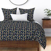 Small scale // Big tiger cats // navy blue background silver lines yellow gold animals