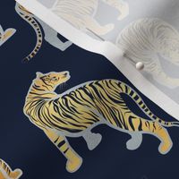 Small scale // Big tiger cats // navy blue background silver lines yellow gold animals