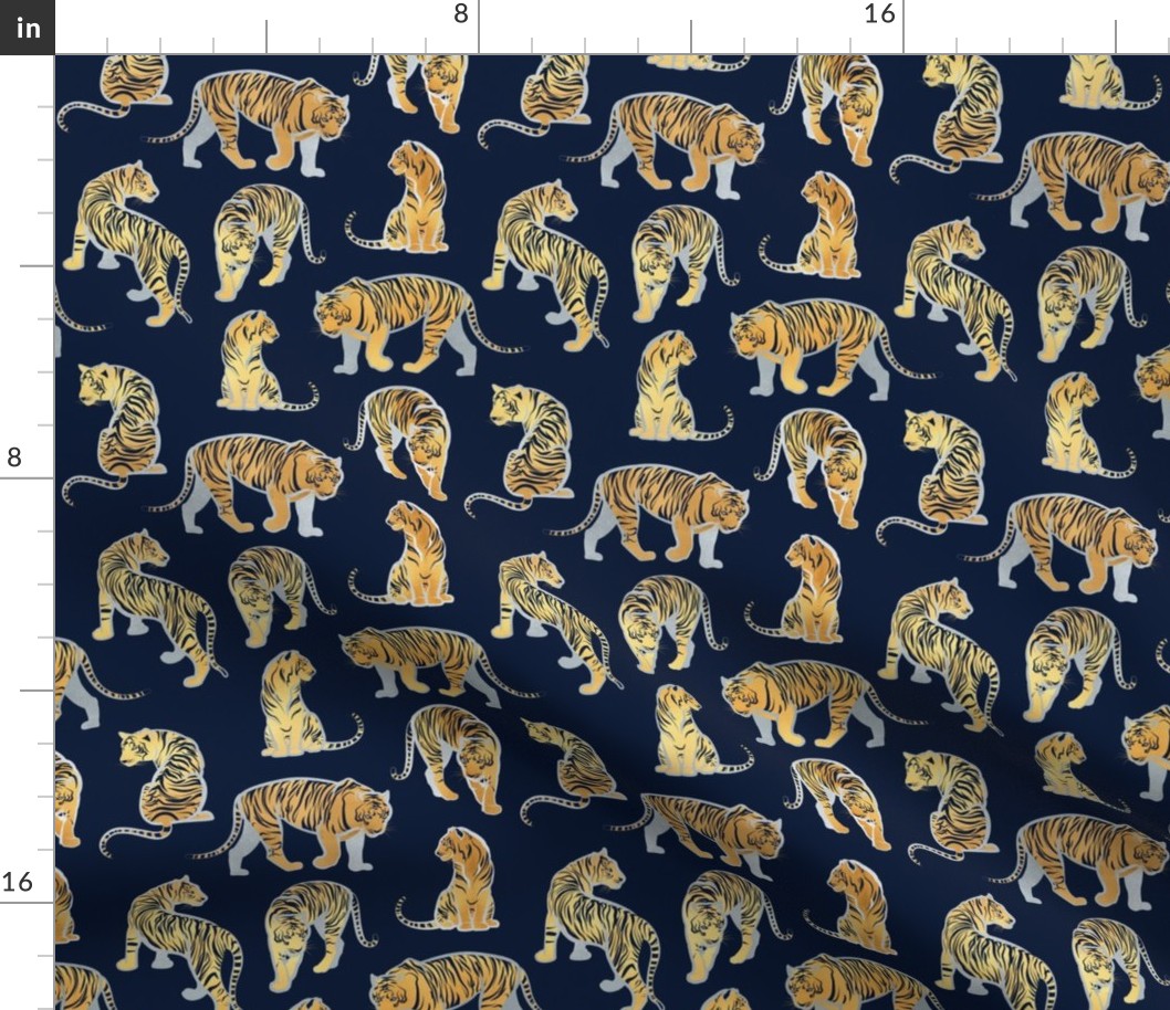 Small scale // Big tiger cats // navy blue background silver lines yellow gold animals