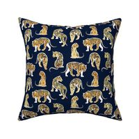 Small scale // Big tiger cats // navy blue background white lines yellow gold animals