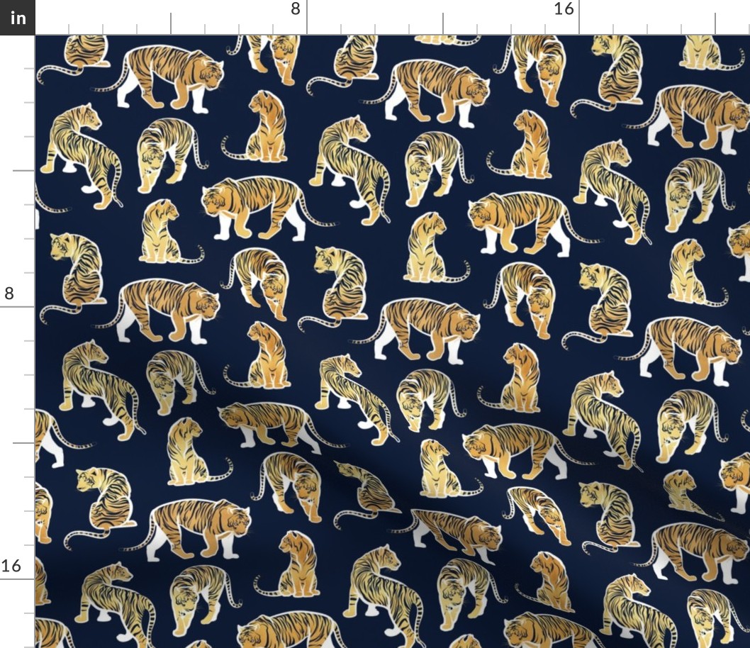 Small scale // Big tiger cats // navy blue background white lines yellow gold animals