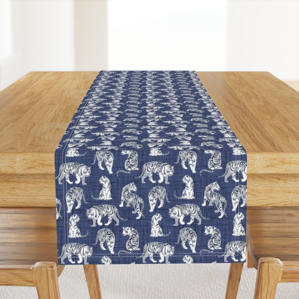 Small scale // Big tiger cats // blue linen texture background grey lines white animals