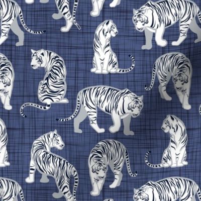 Small scale // Big tiger cats // blue linen texture background grey lines white animals