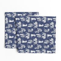 Small scale // Big tiger cats // blue linen texture background grey lines white animals