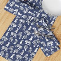 Small scale // Big tiger cats // blue linen texture background grey lines white animals