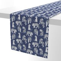 Small scale // Big tiger cats // blue linen texture background grey lines white animals