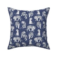 Small scale // Big tiger cats // blue linen texture background grey lines white animals