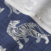 Small scale // Big tiger cats // blue linen texture background grey lines white animals