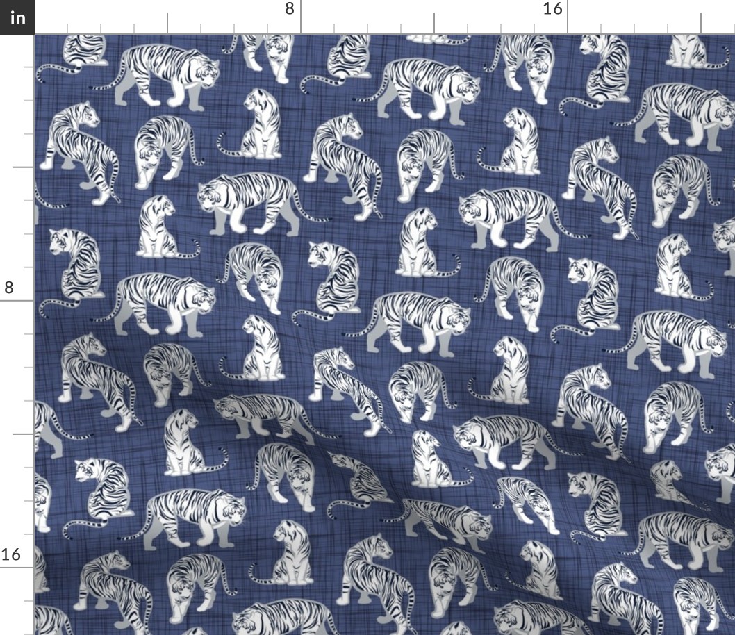 Small scale // Big tiger cats // blue linen texture background grey lines white animals