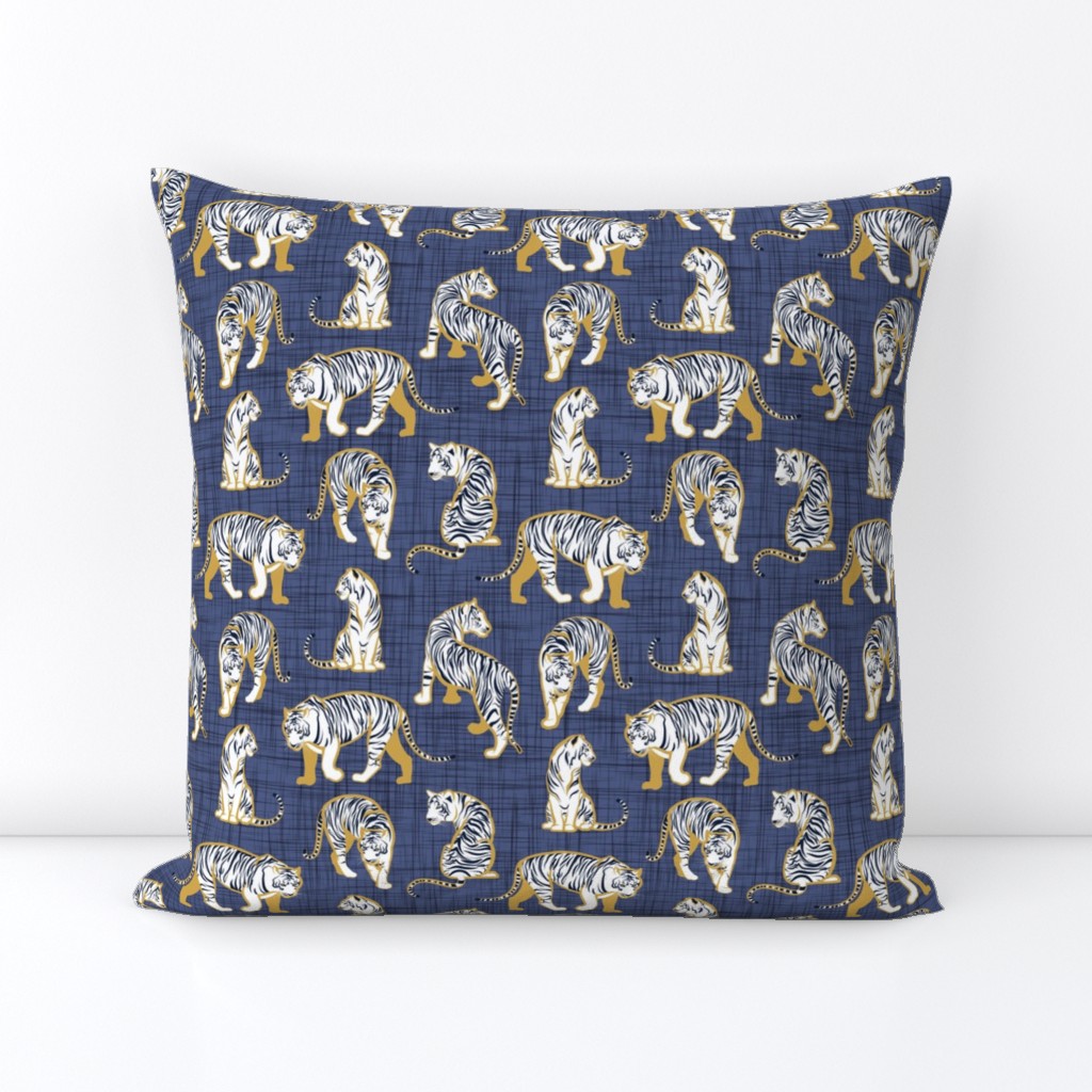 Small scale // Big tiger cats // blue linen texture background yellow mustard lines white animals