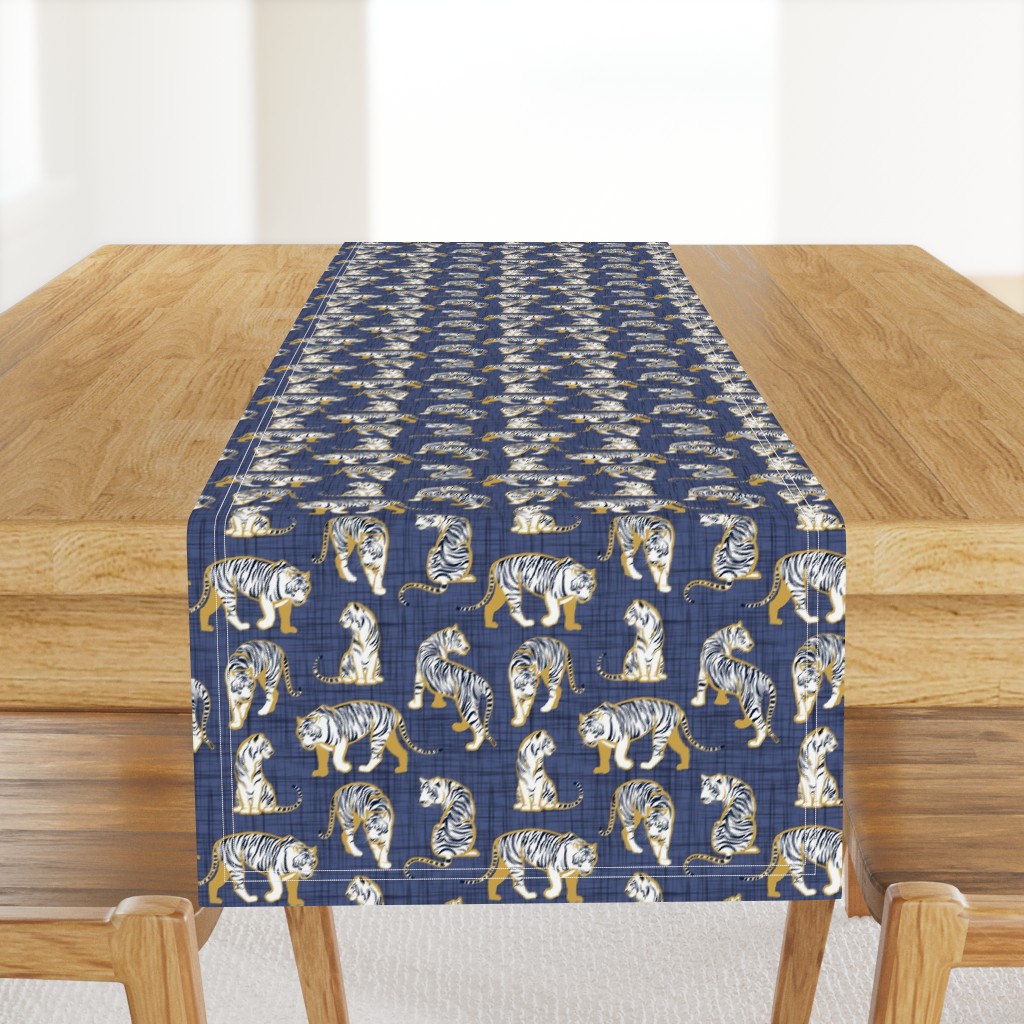 Small scale // Big tiger cats // blue linen texture background yellow mustard lines white animals