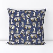 Small scale // Big tiger cats // blue linen texture background yellow mustard lines white animals