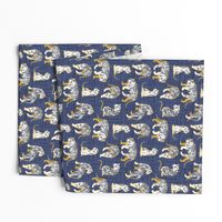 Small scale // Big tiger cats // blue linen texture background yellow mustard lines white animals