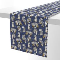 Small scale // Big tiger cats // blue linen texture background yellow mustard lines white animals