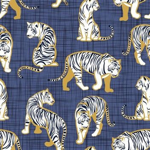 Small scale // Big tiger cats // blue linen texture background yellow mustard lines white animals