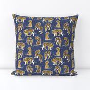 Small scale // Big tiger cats // blue linen texture background white lines yellow mustard animals