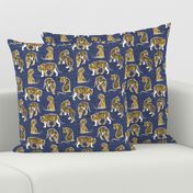 Small scale // Big tiger cats // blue linen texture background white lines yellow mustard animals