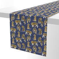 Small scale // Big tiger cats // blue linen texture background white lines yellow mustard animals